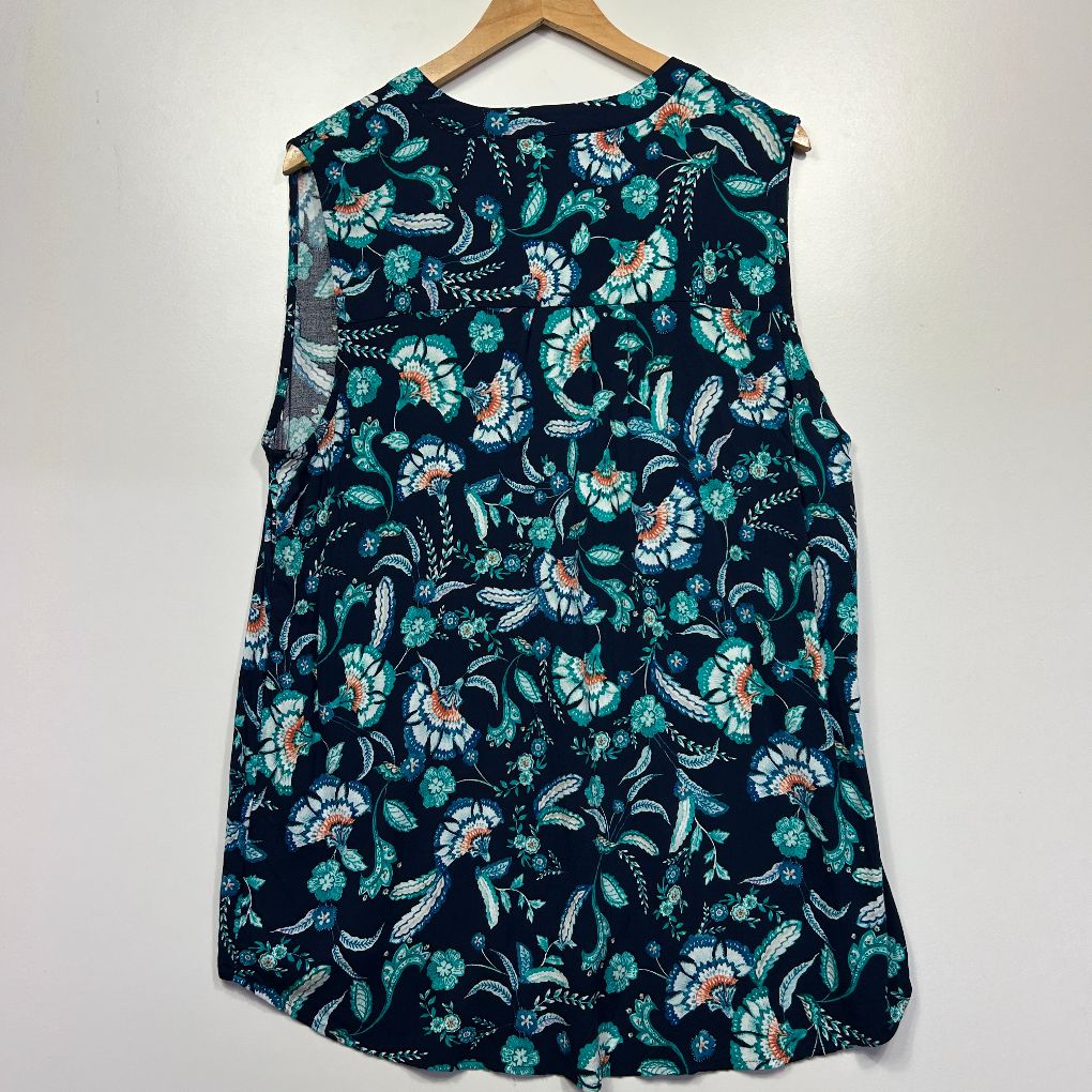 Navy floral sleeveless blouse front view