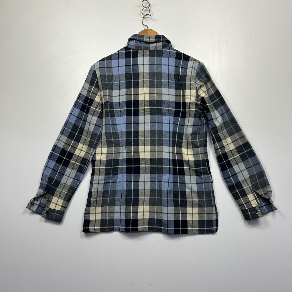 Navy blue and cream plaid shirt back view