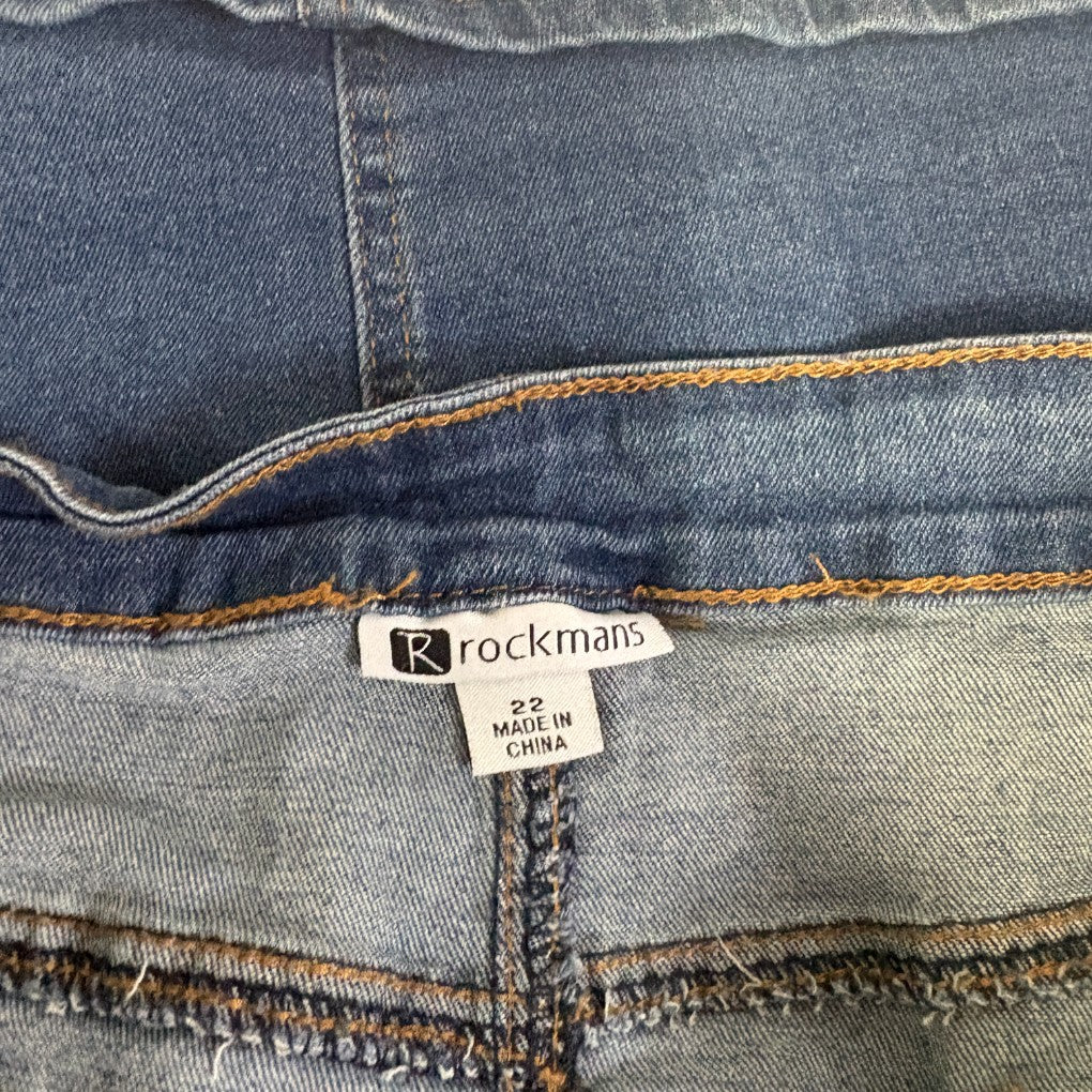 Denim jeans detail view showing Rockmans label