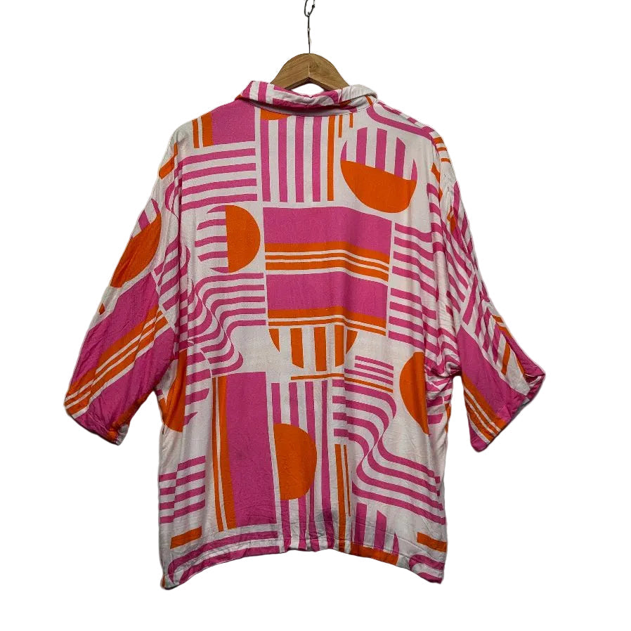 Pink and orange striped shirt front view
