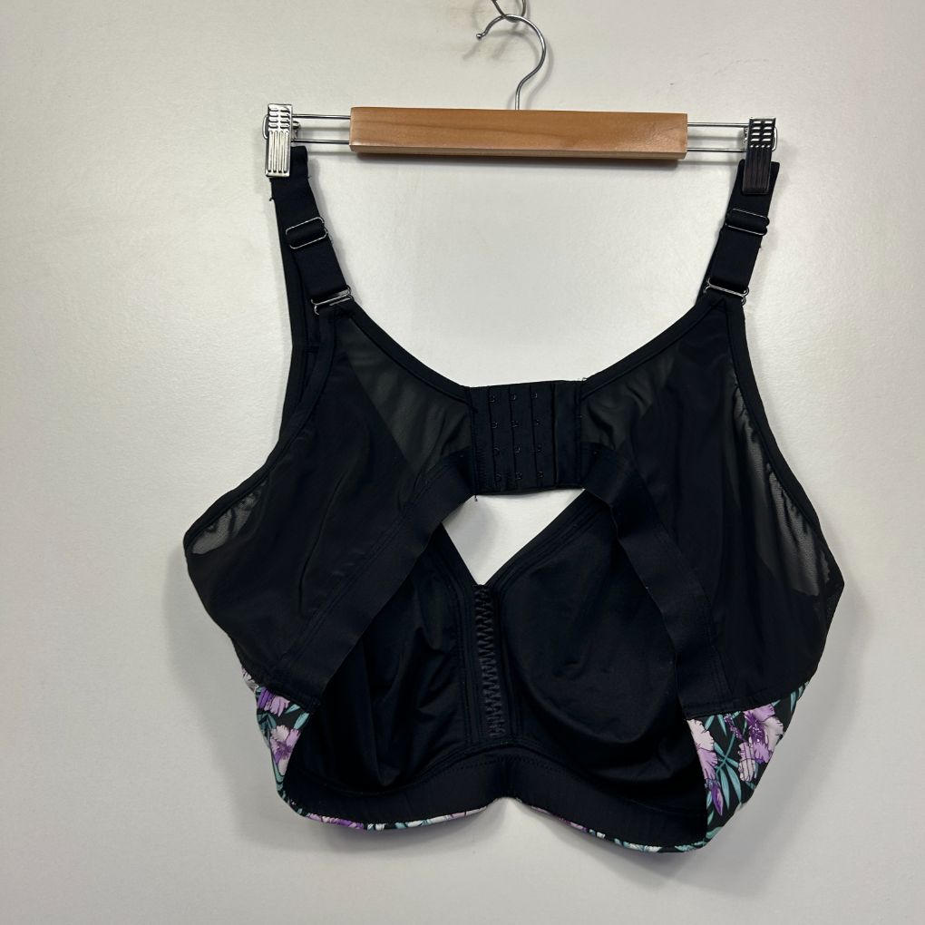 Black underwire bikini top front view with floral trim