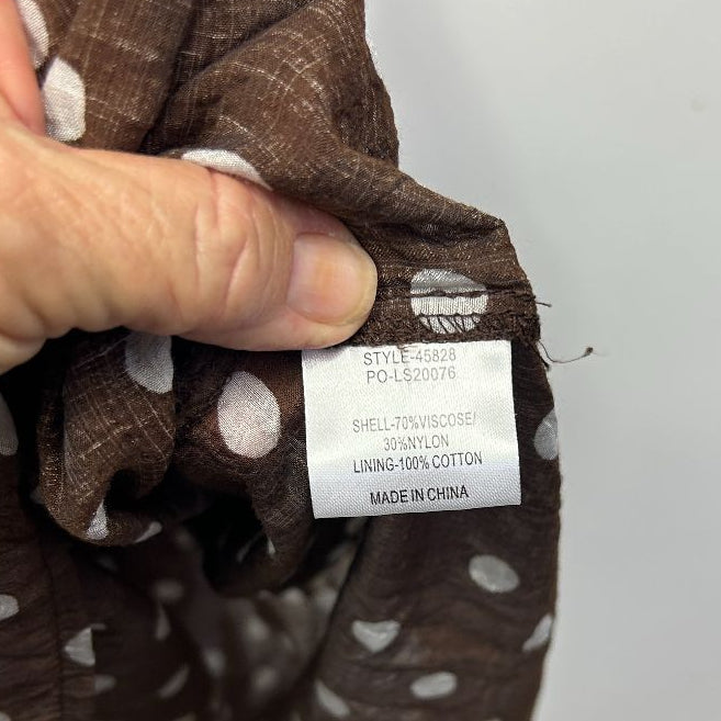 Brown polka dot fabric label detail view