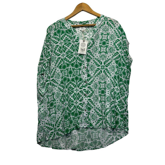 Green and white patterned long sleeve top front view