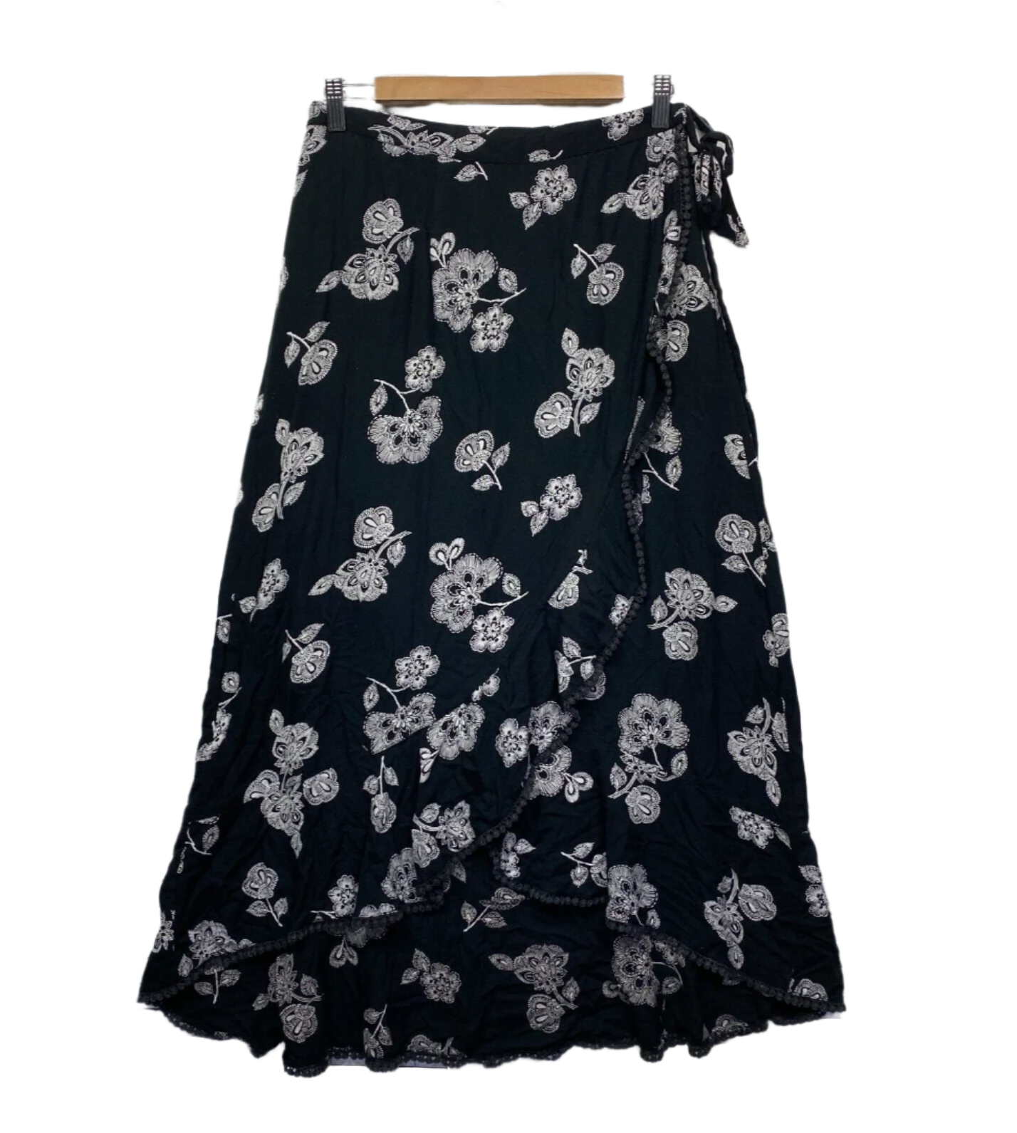 Angie Wrap Maxi Skirt Size large Black White Floral Long Length