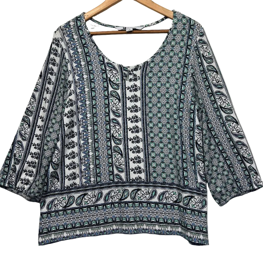 Navy and white patterned blouse front view