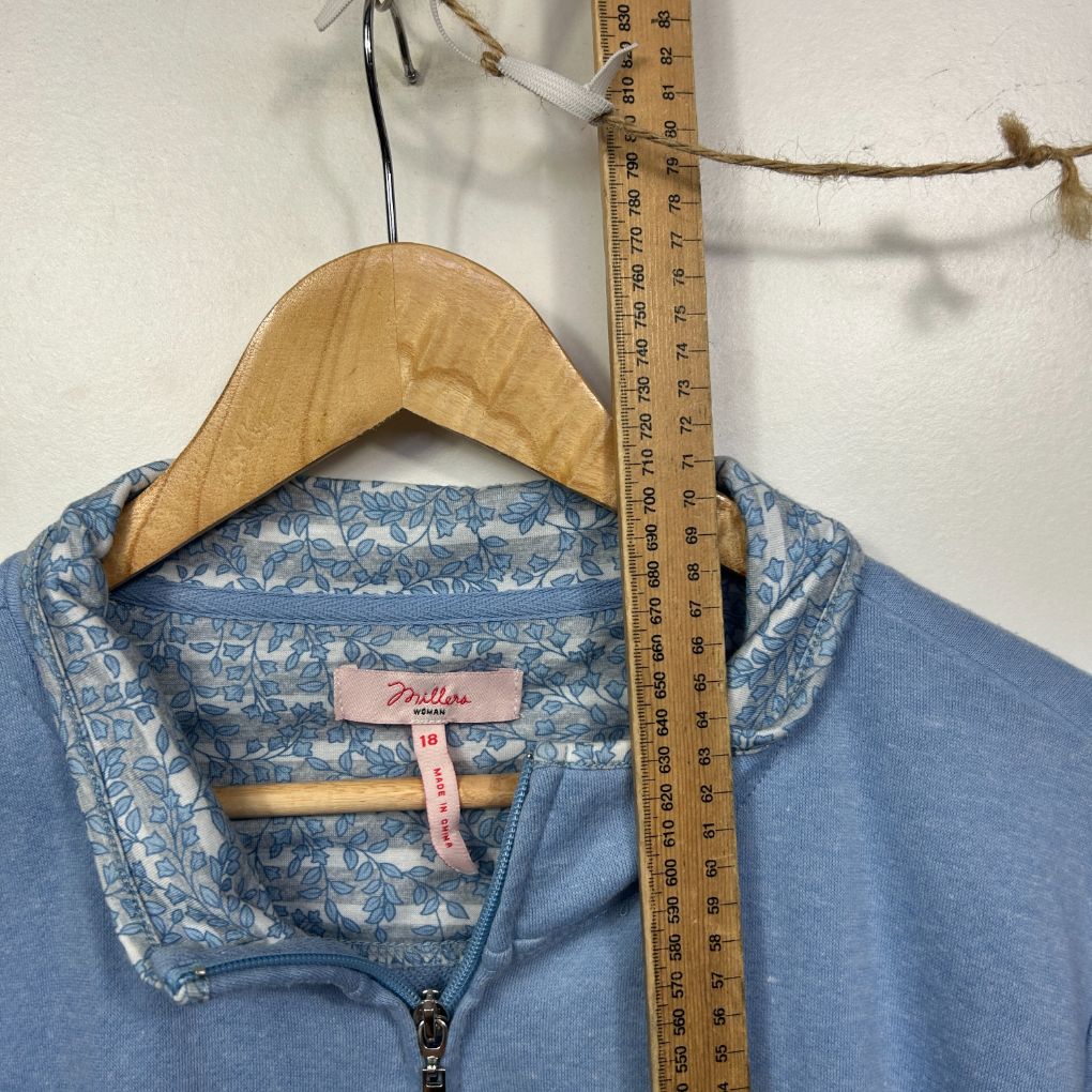 Blue denim jacket front view with patterned collar
