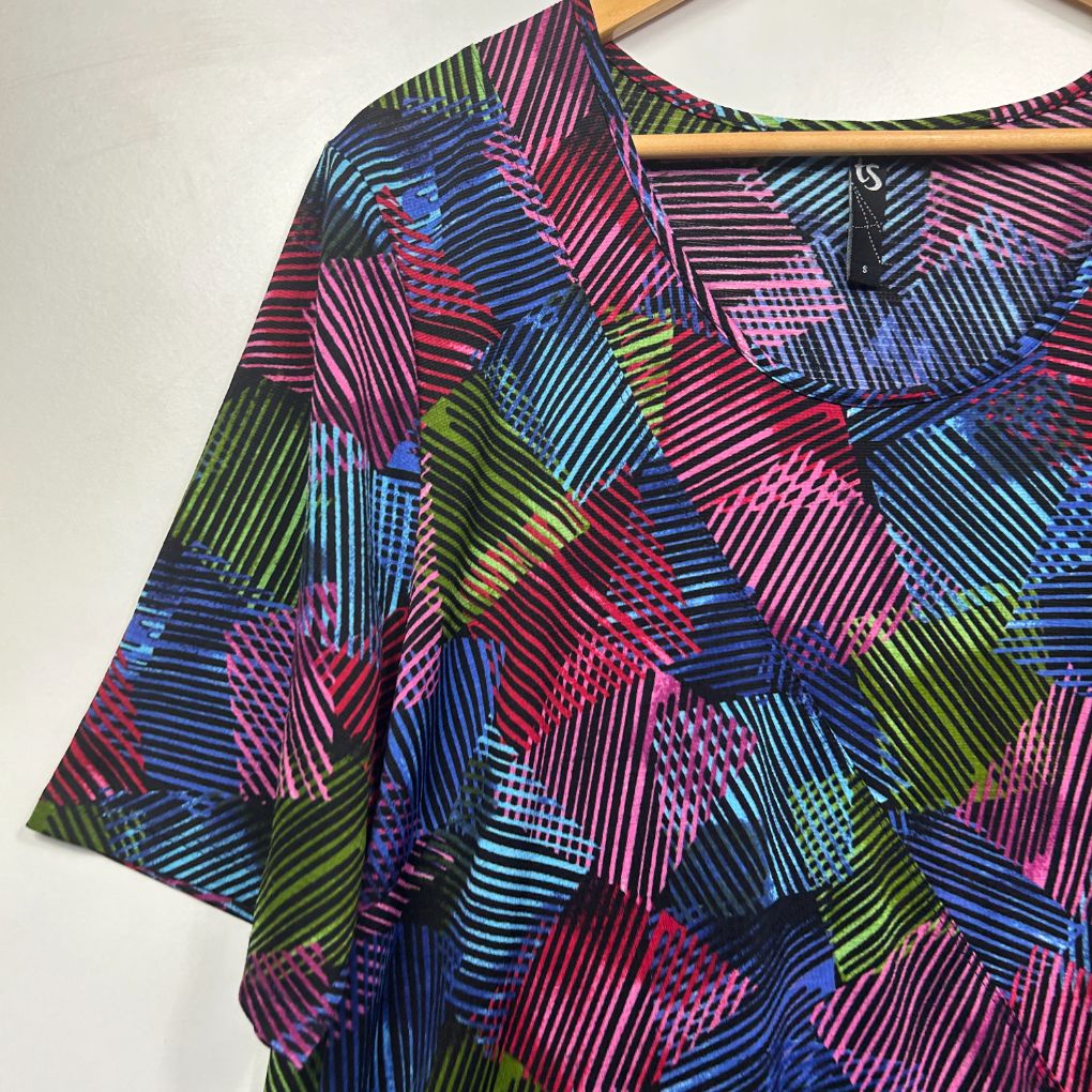 Colorful striped geometric shirt front view