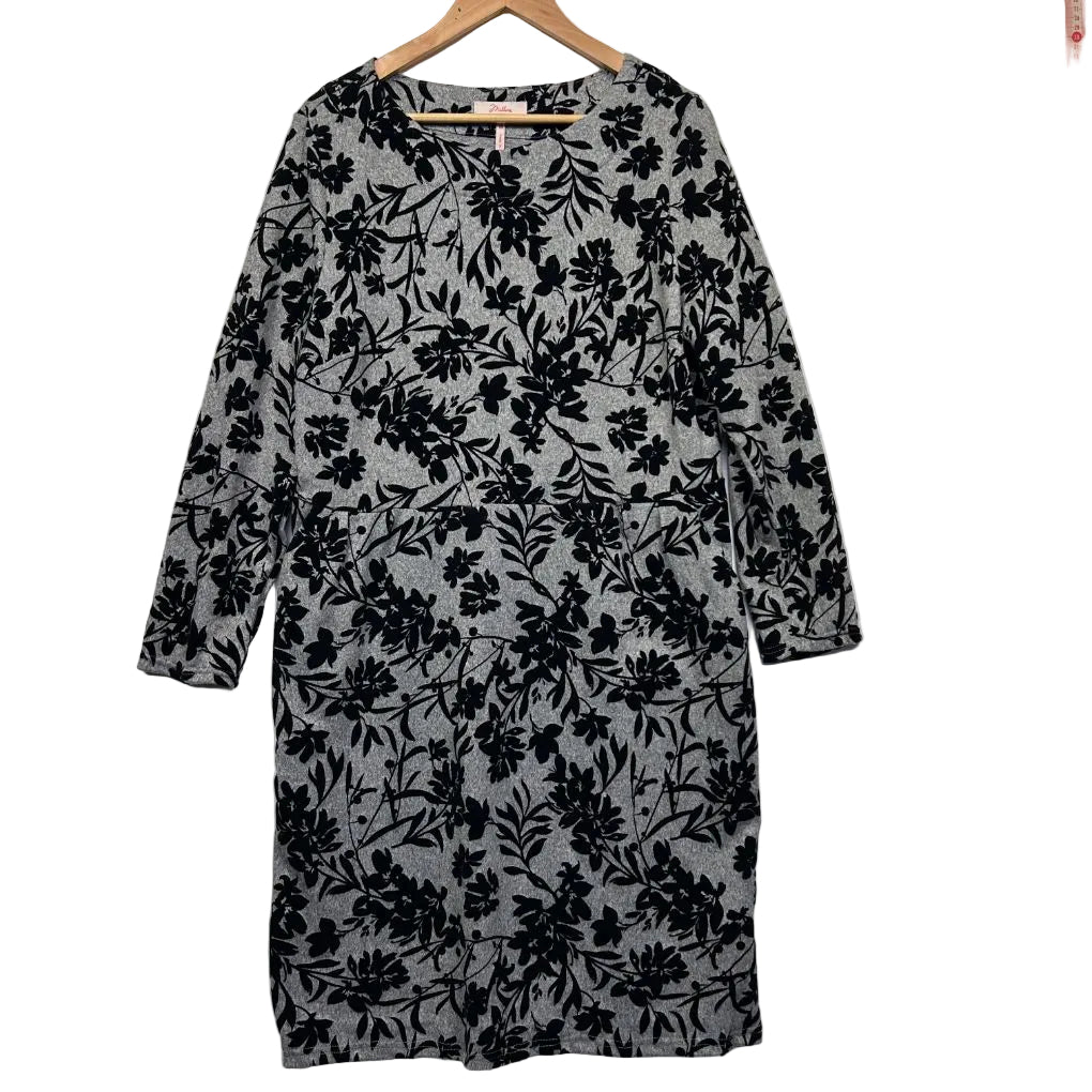Black and grey floral print long sleeve dress front view