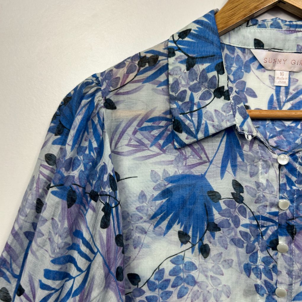 Blue floral shirt detail view on hanger