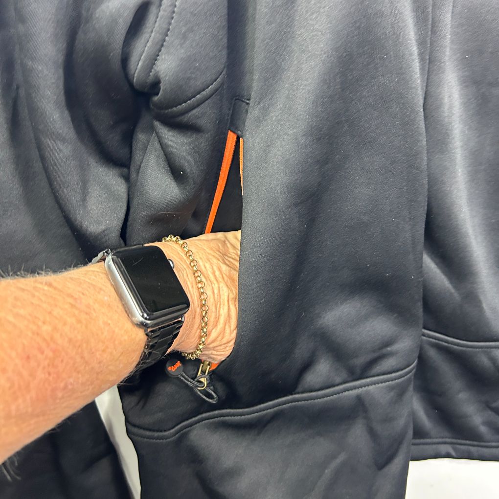 Grey hoodie front view with arm detail