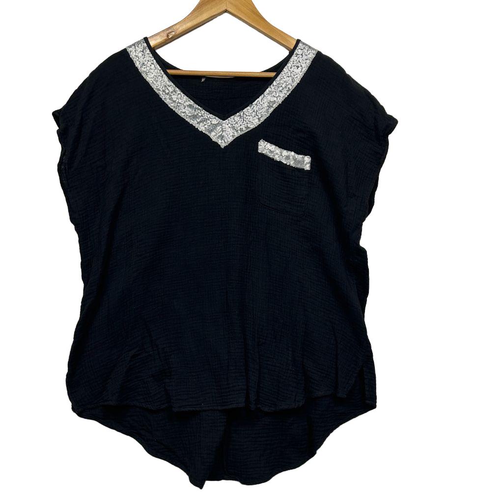 Black Cotton Sequin Top - Size 14?