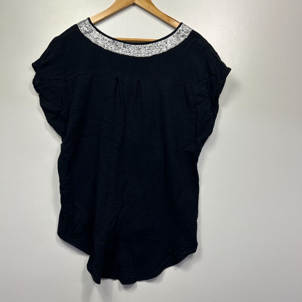 Black Cotton Sequin Top - Size 14?