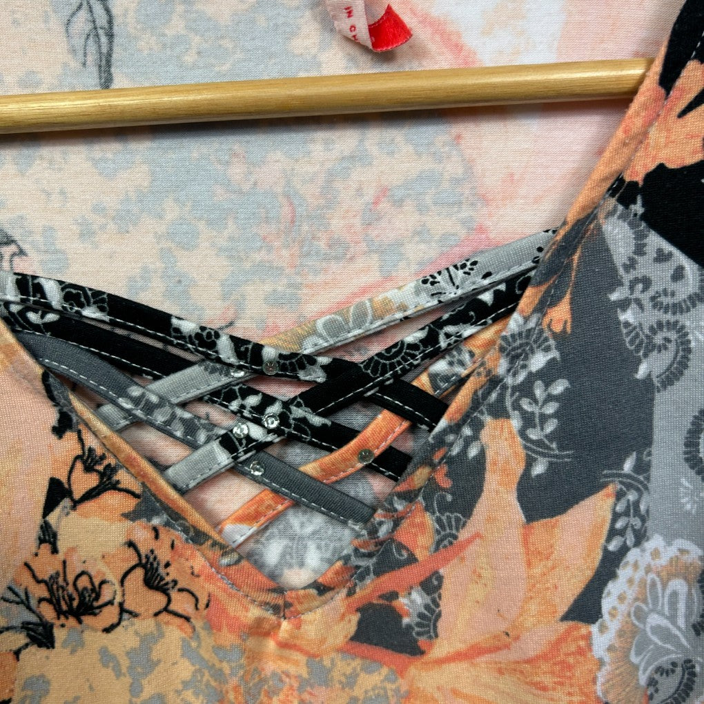 Black and patterned clothing detail view