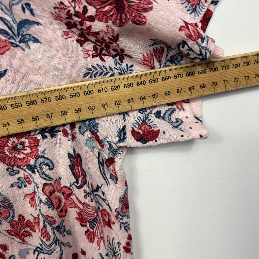 Pink floral fabric detail view with measuring tape