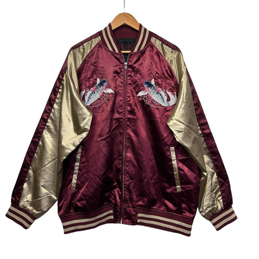 Burgundy and gold satin bomber jacket front view