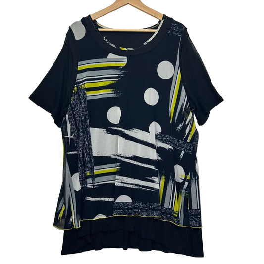 Black short sleeve top with yellow striped and white circle graphic print front view