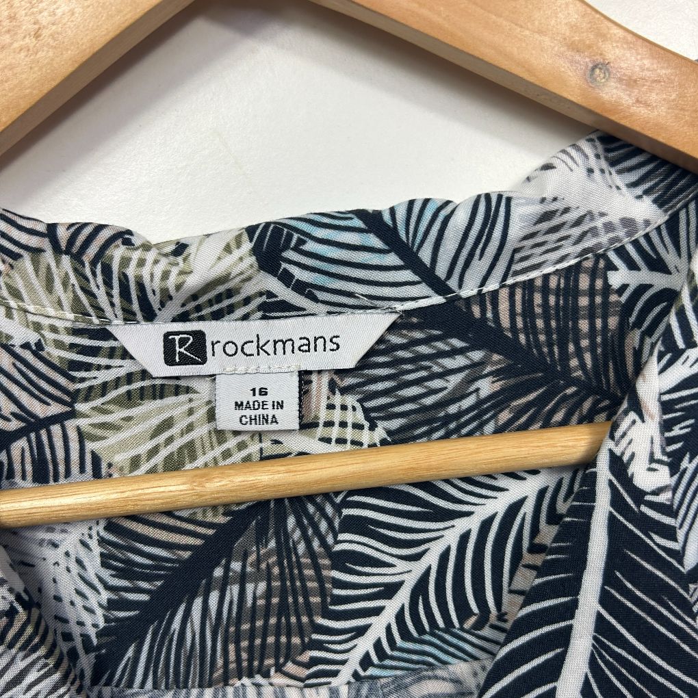 Navy and white striped leaf print shirt detail view showing Rockmans label