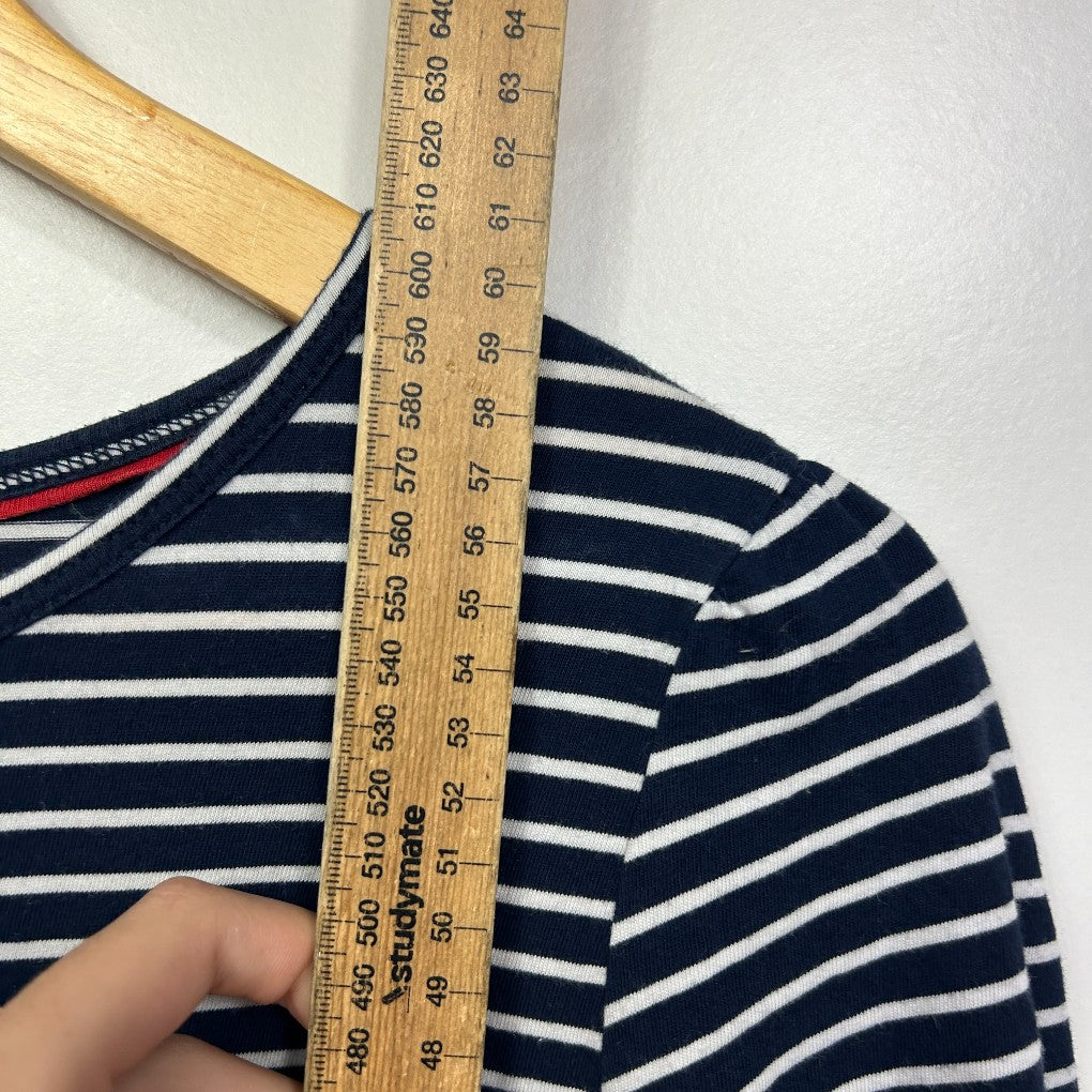 Navy and white striped long sleeve top with measuring tape detail