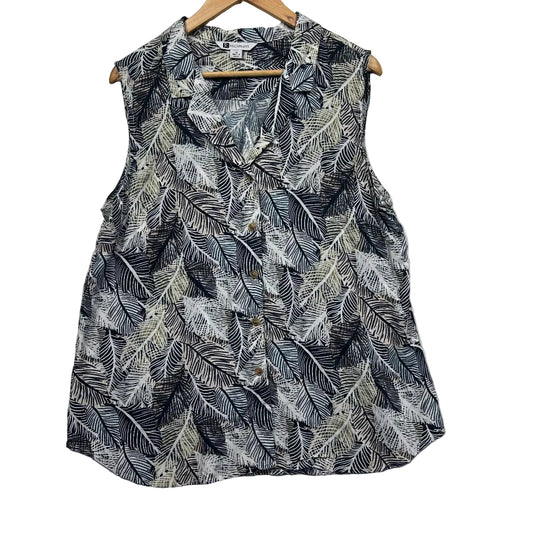 Navy and white leaf print sleeveless blouse front view