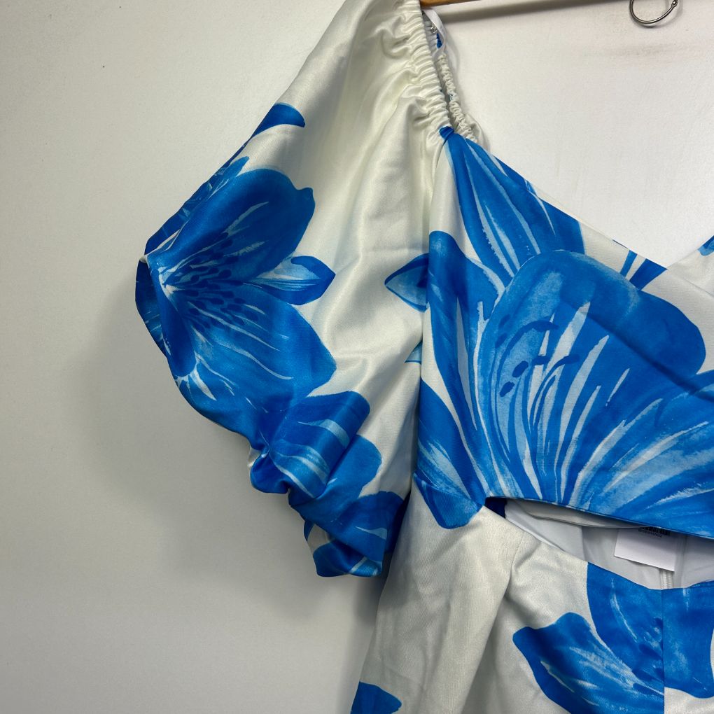 Blue and white floral print dress detail view