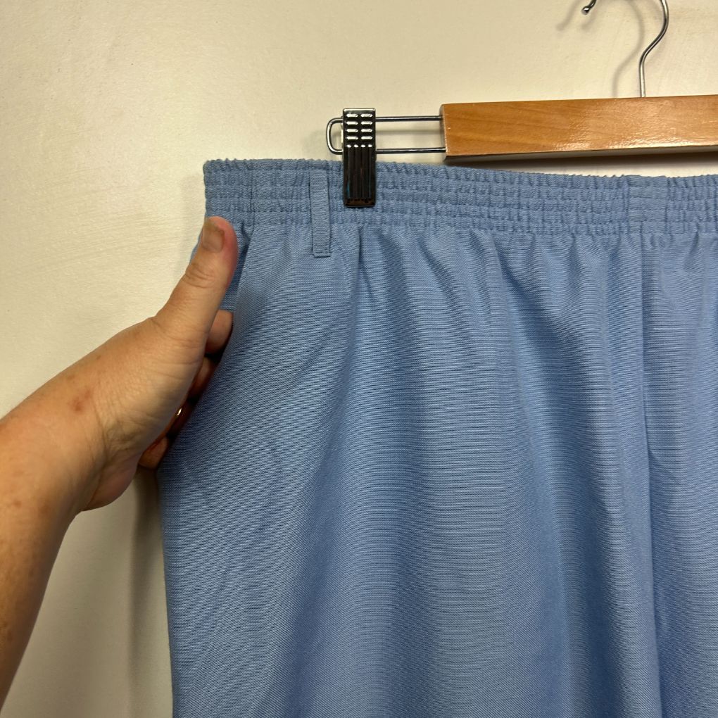 Blue shorts detail view on hanger
