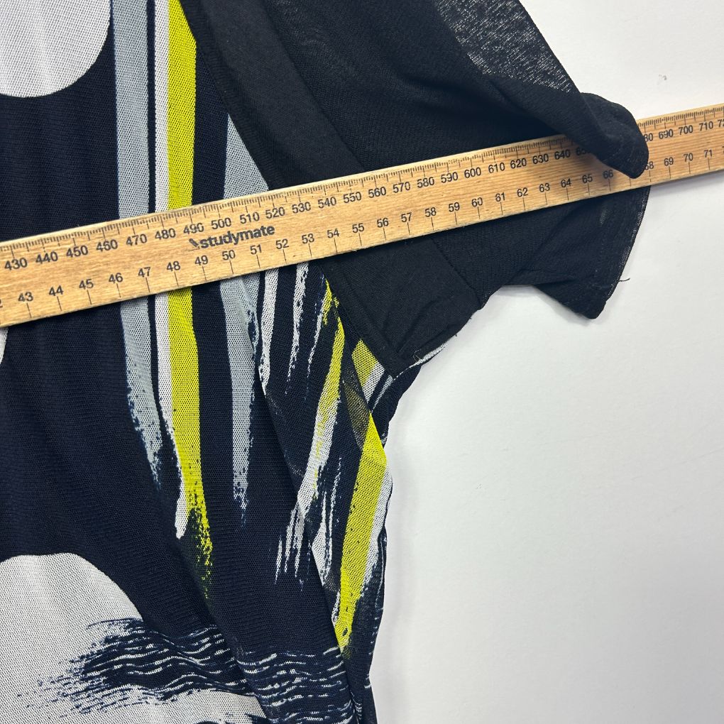 Black top with white and yellow graphic front view