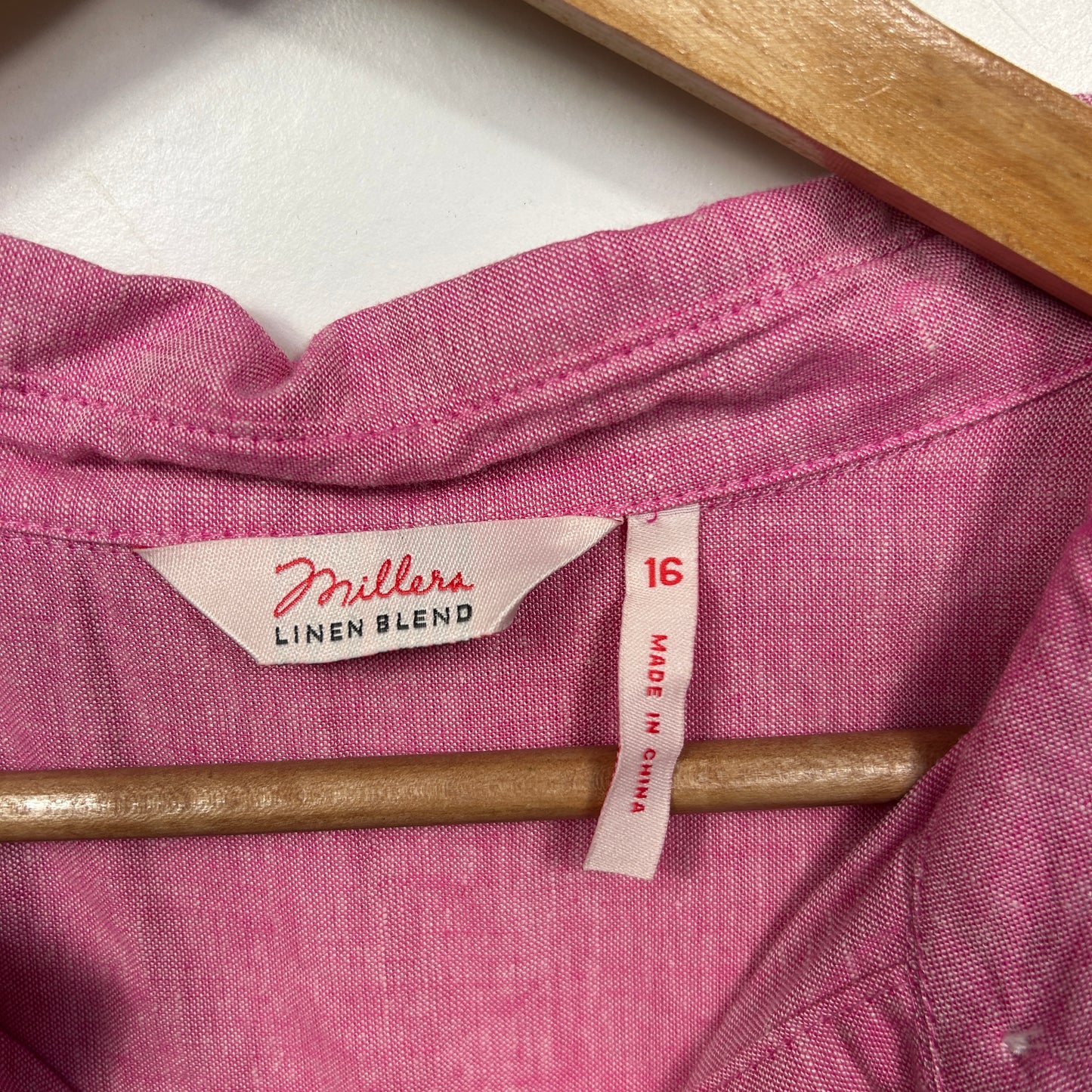 Pink linen blend shirt label and detail view