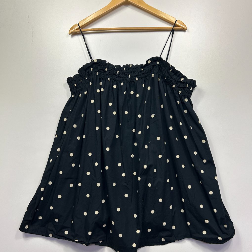 Navy blue polka dot cami dress front view