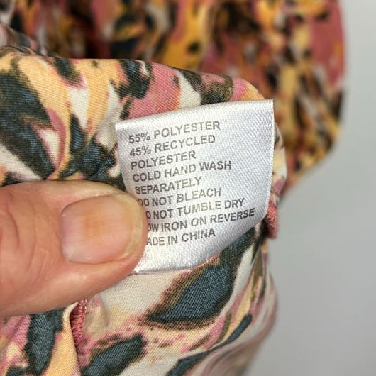Multicolored patterned garment label detail view