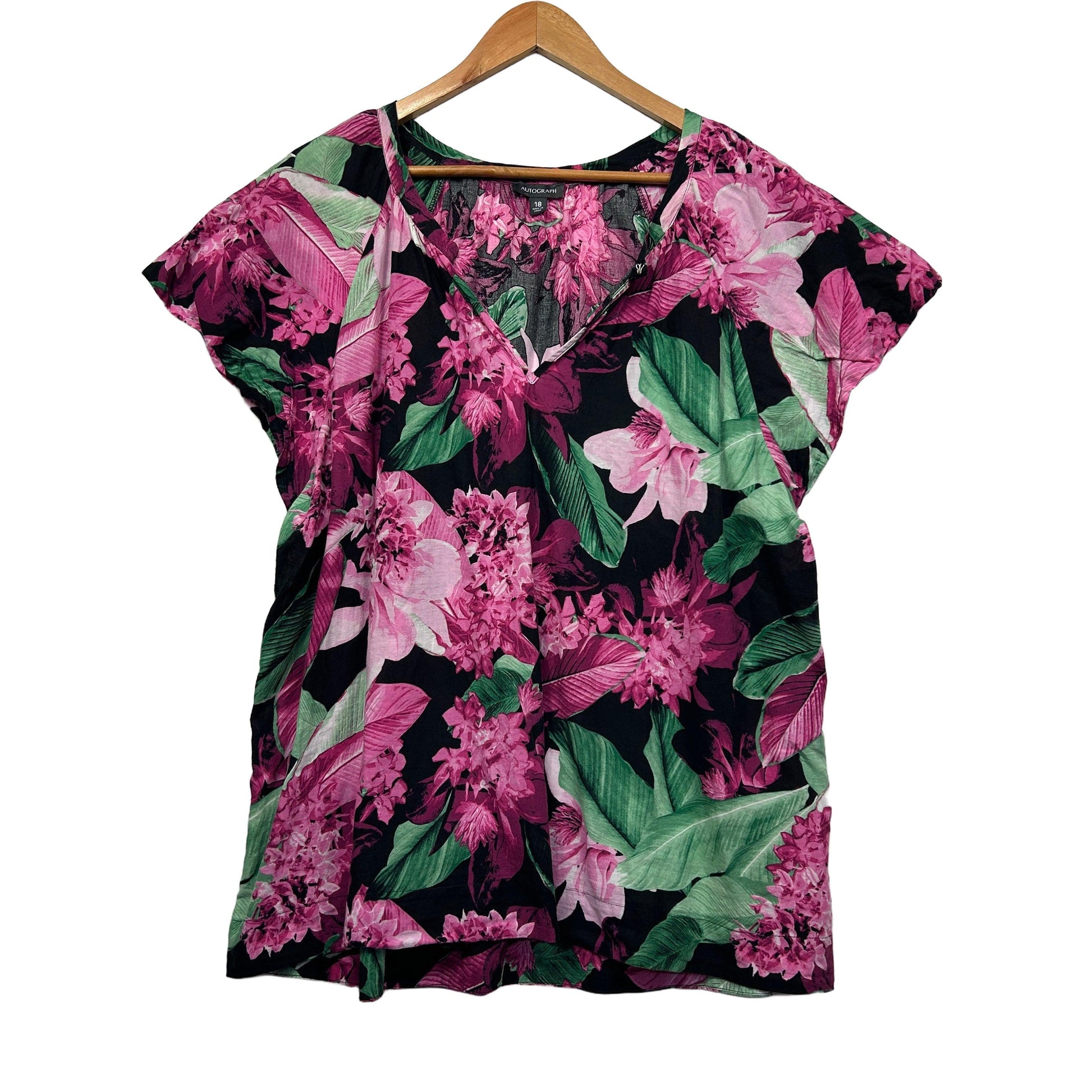 Pink and purple floral t-shirt front view