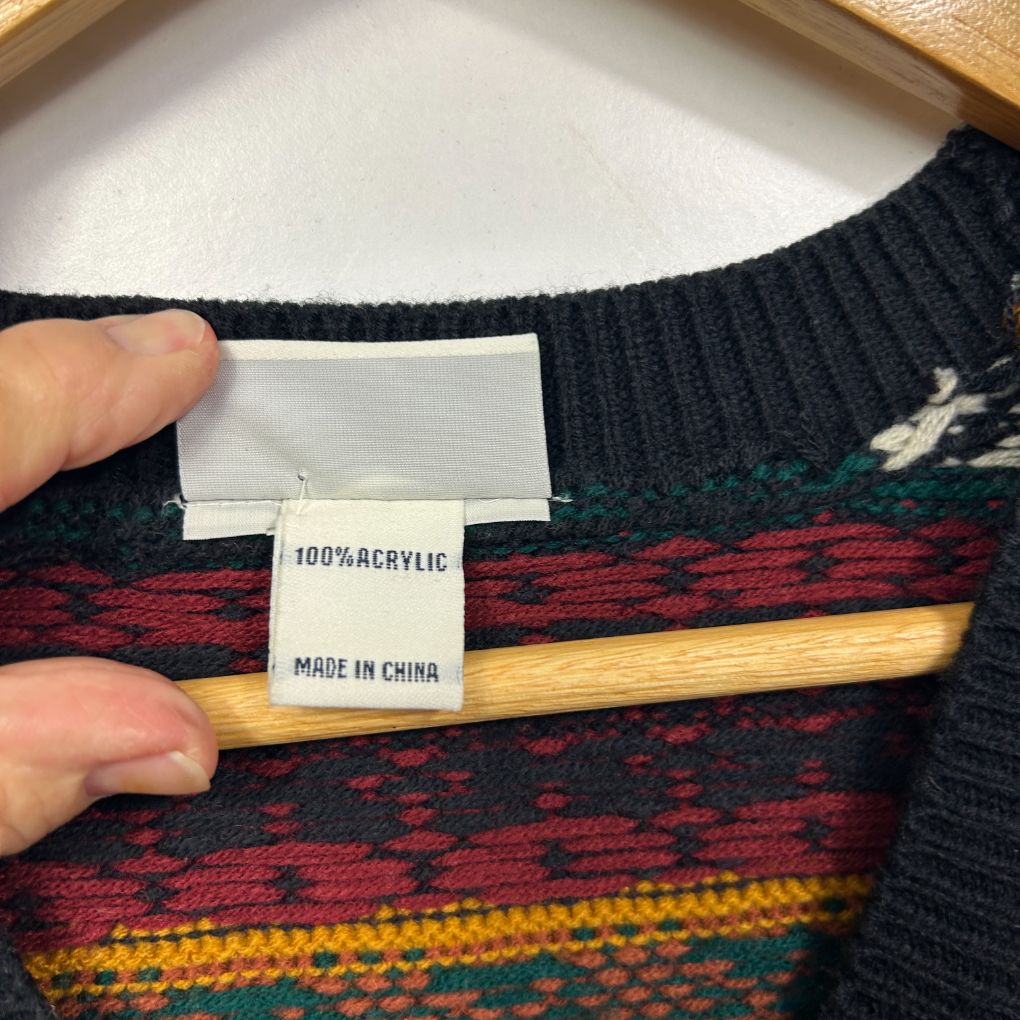 Black red and yellow patterned sweater label detail view