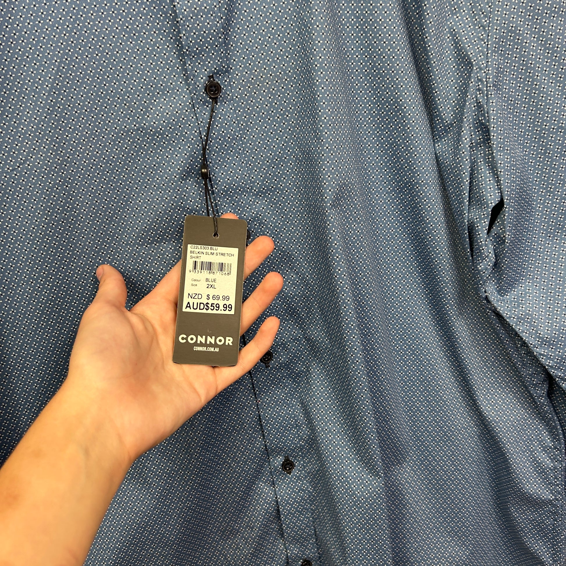 Blue shirt label detail view