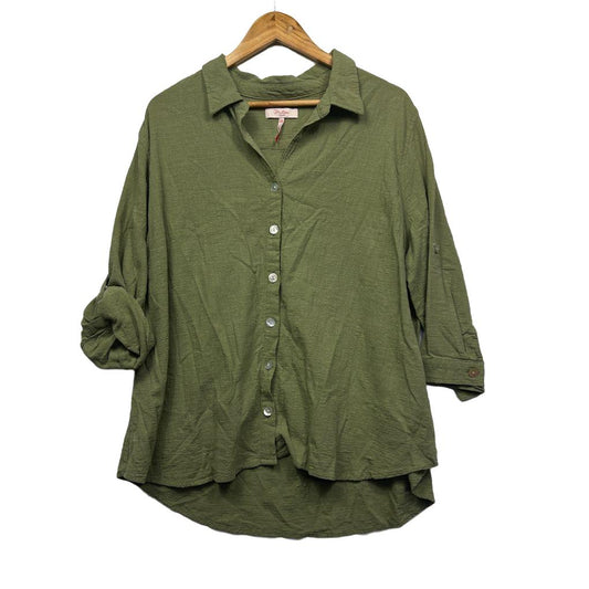Olive green button up shirt front view