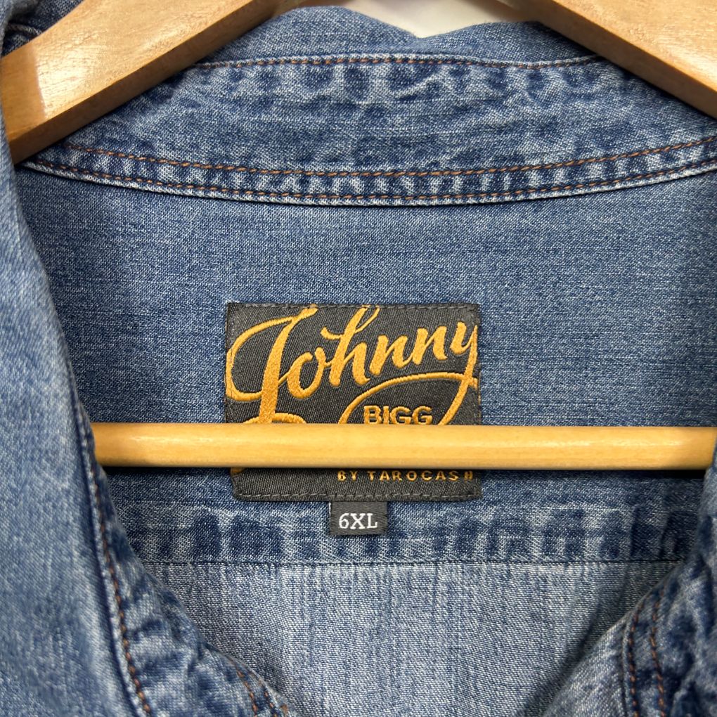 Blue denim shirt back view with Johnny Bigg label