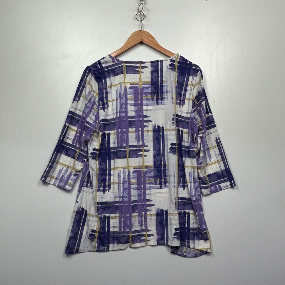 Blue and white graphic print tunic top front view