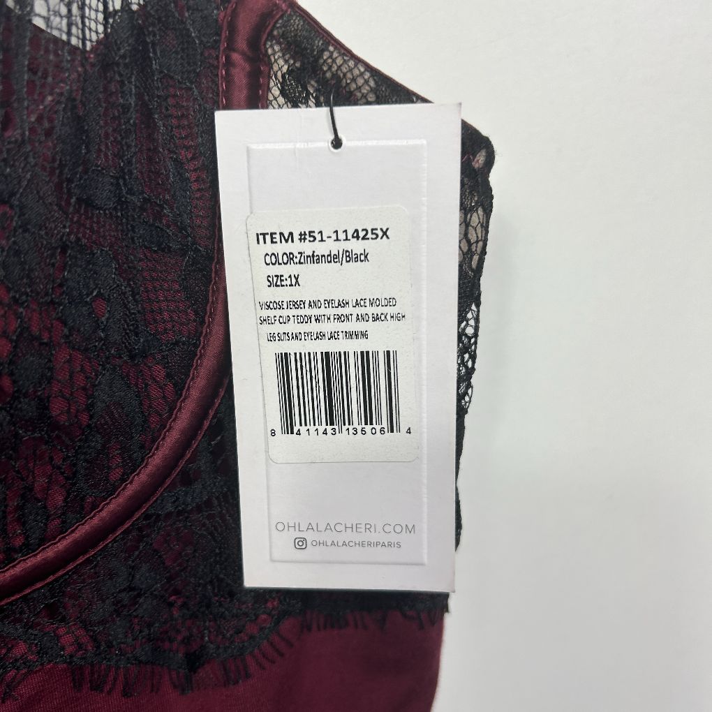 Burgundy and black lace bra label detail view