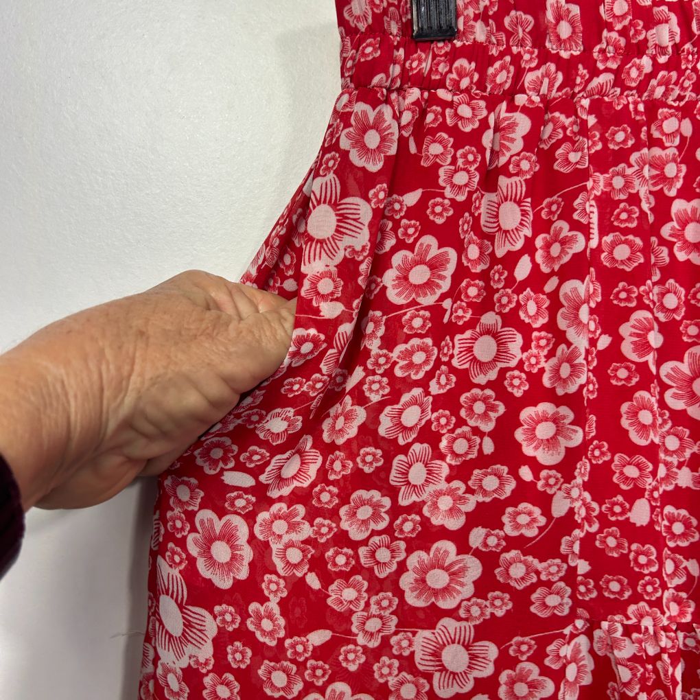 Red floral dress front detail view