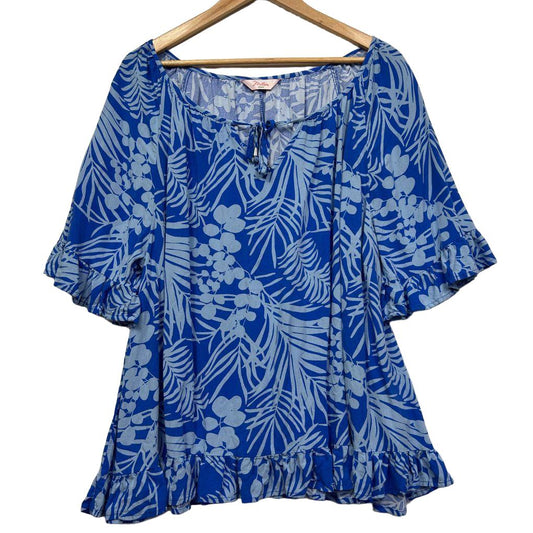 Blue floral patterned short sleeve top front view