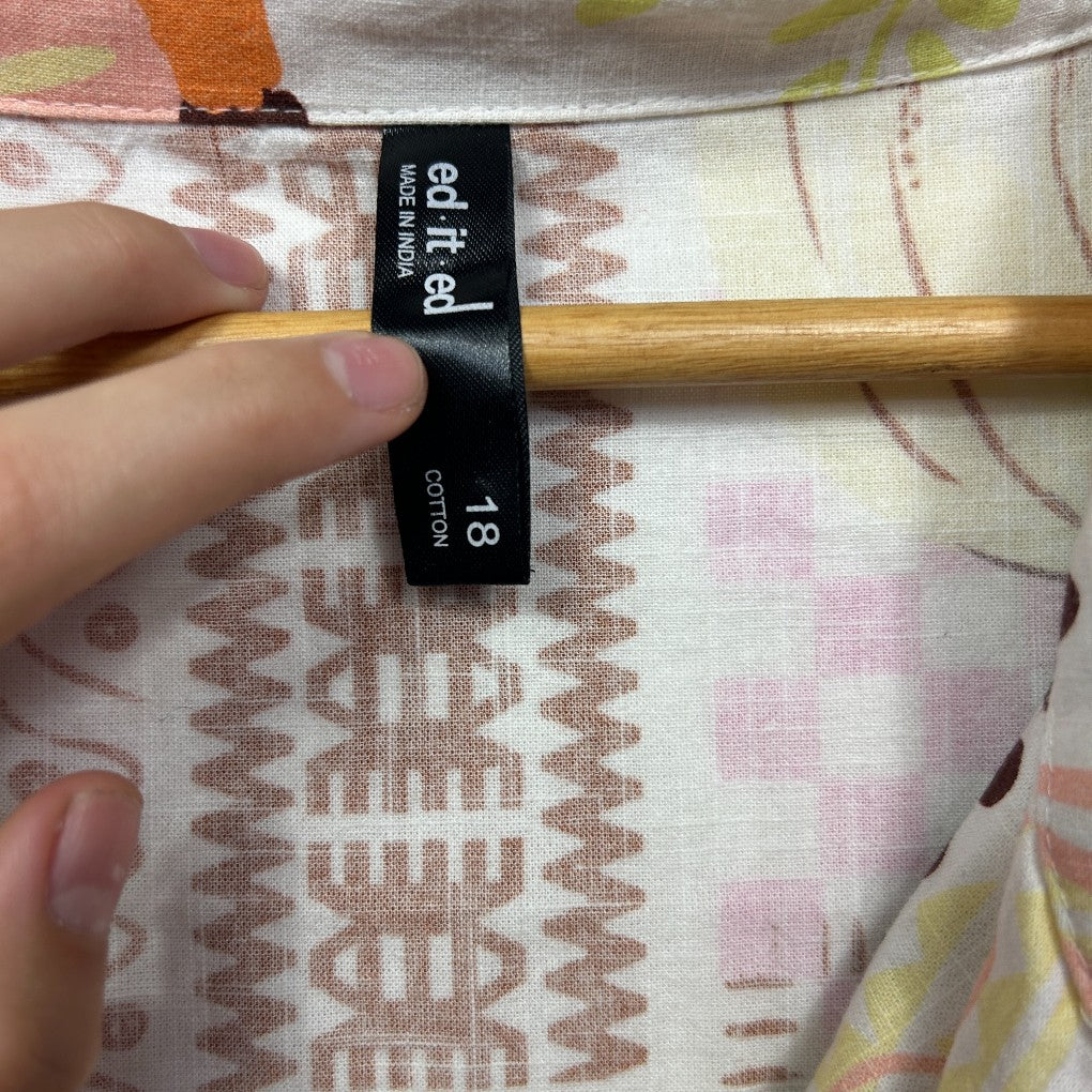 Beige and pink patterned fabric with size 18 label detail view