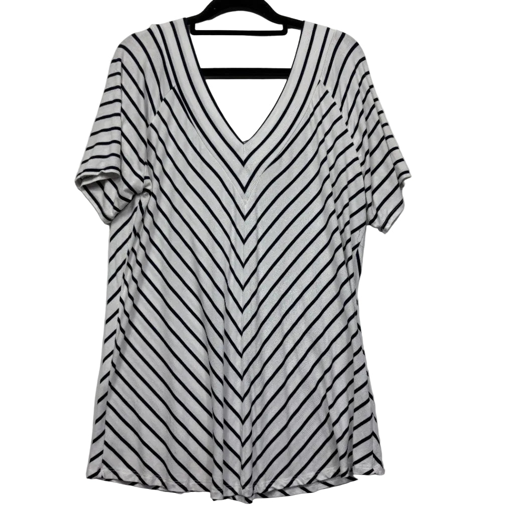 White and black striped short sleeve wrap dress front view