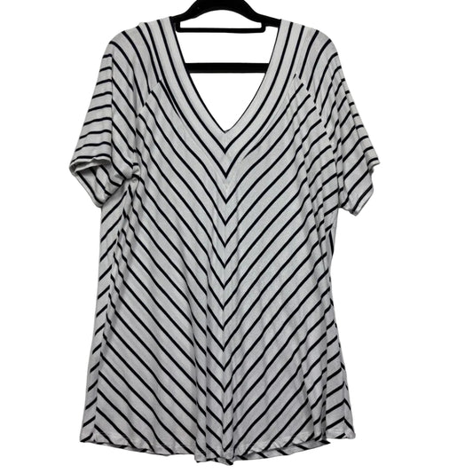 White and black striped short sleeve wrap dress front view