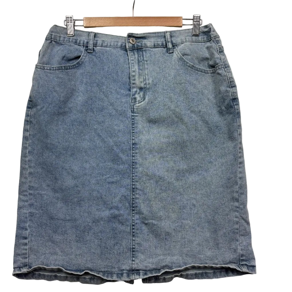 Light blue denim skirt front view