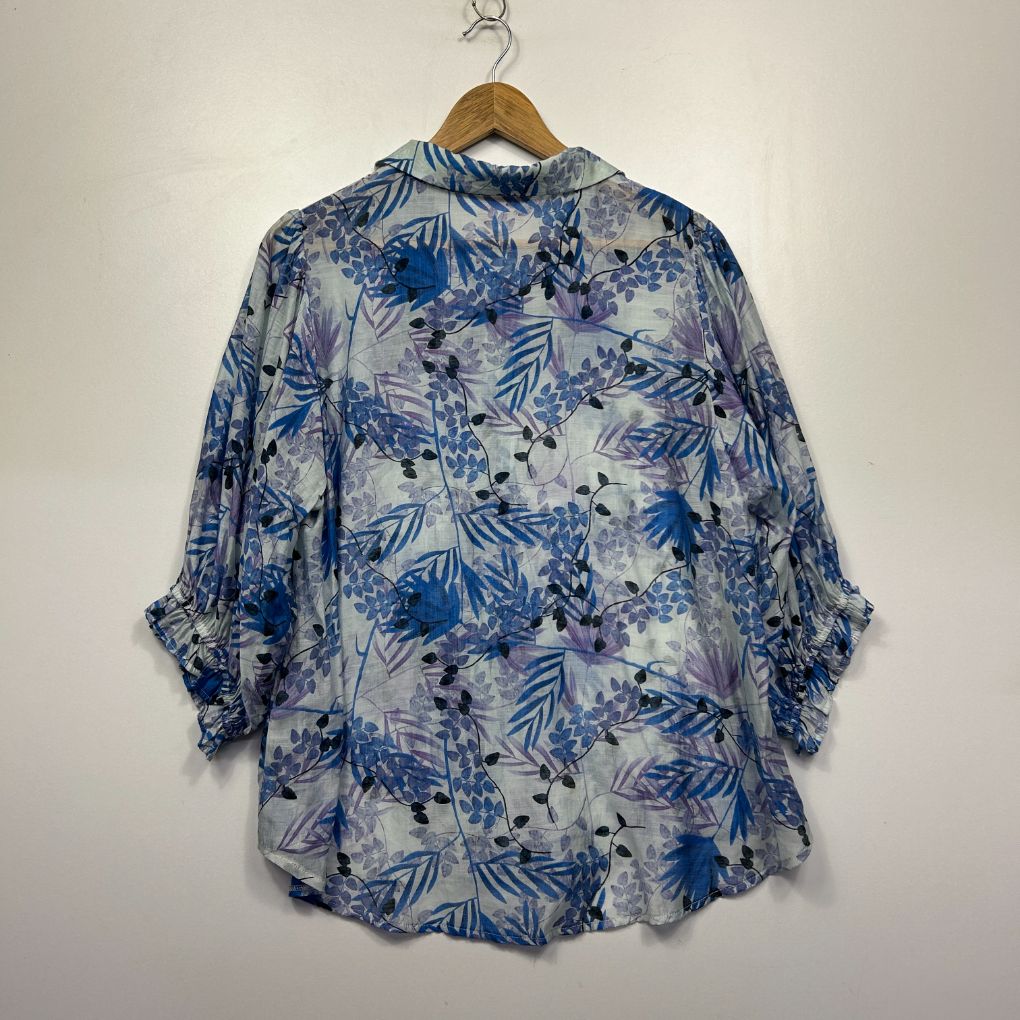 Blue and white floral shirt front view