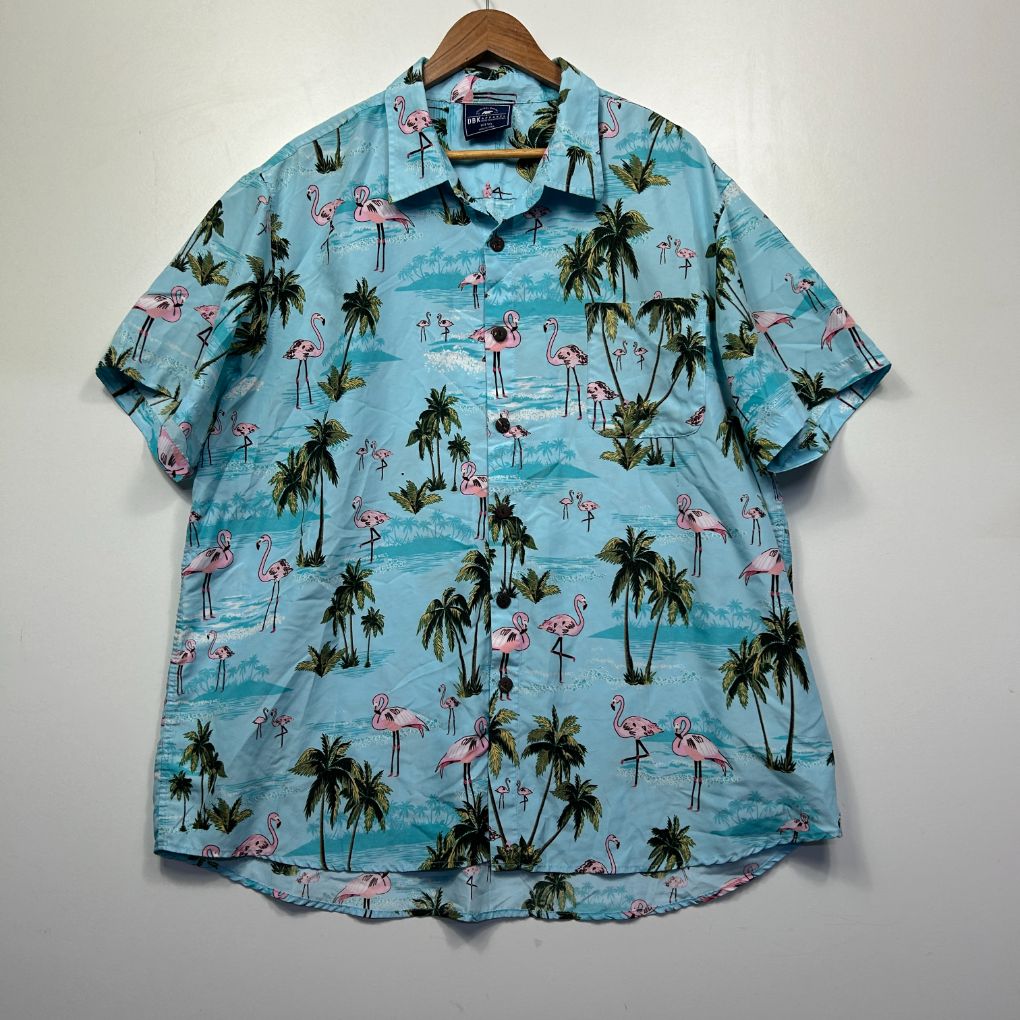 Blue shirt front view with palm tree and flamingo print