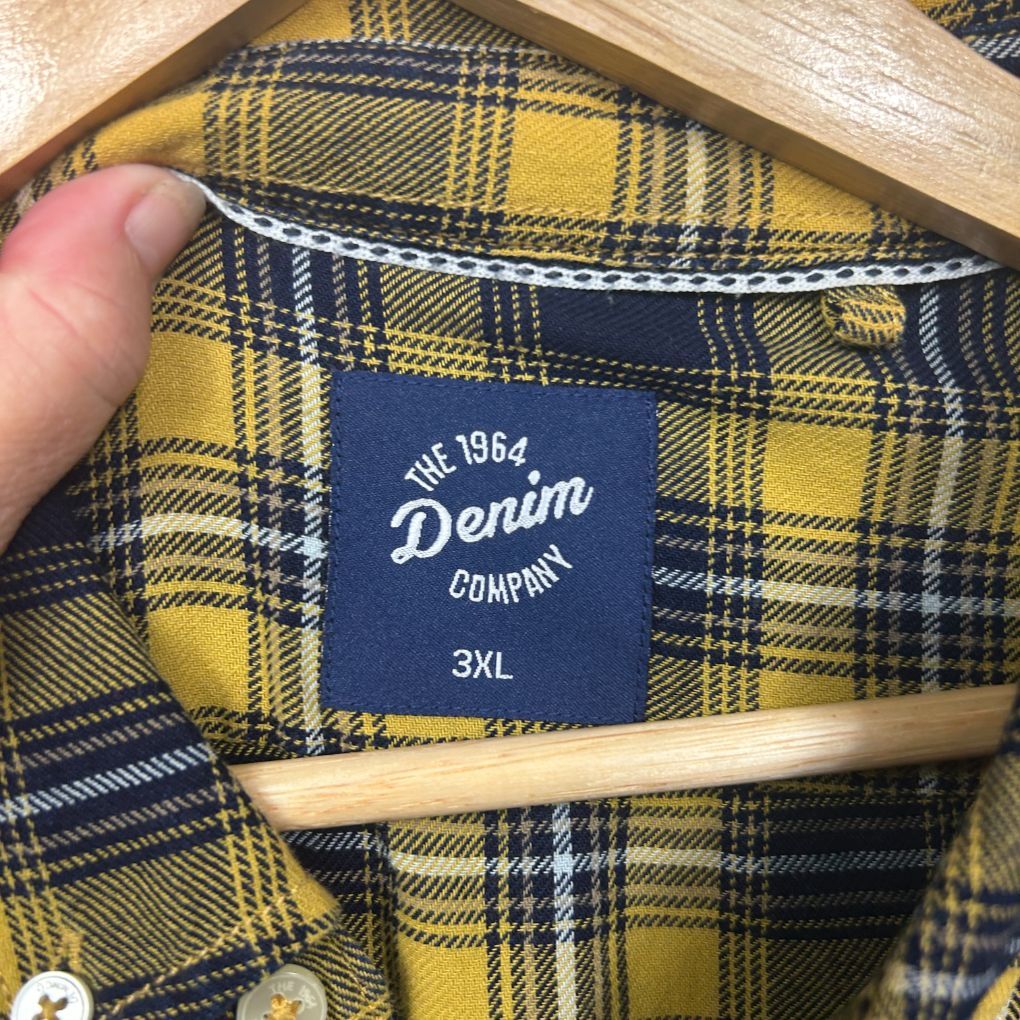 Yellow and navy tartan shirt label detail view