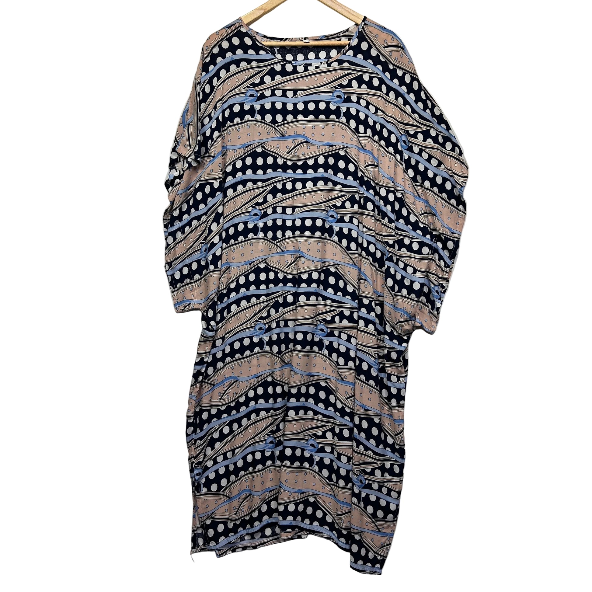 Navy and beige geometric patterned tunic dress front view