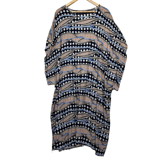 Navy and beige geometric patterned tunic dress front view