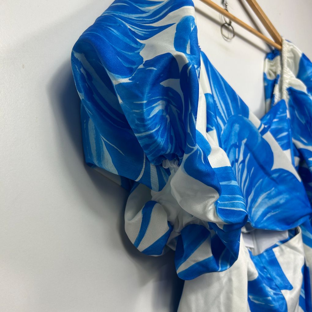 Blue and white floral scarf detail view