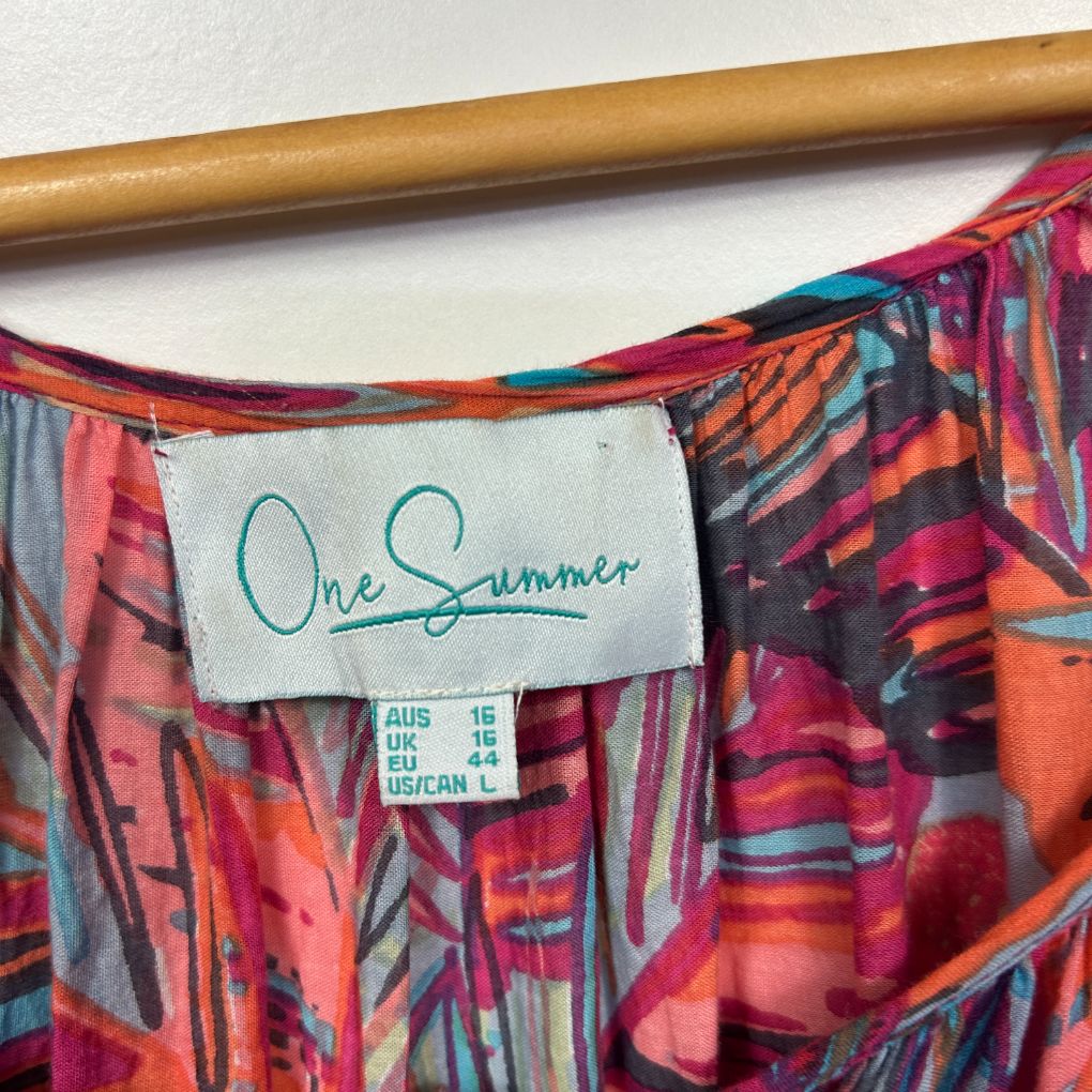 Colorful striped shirt detail view showing label