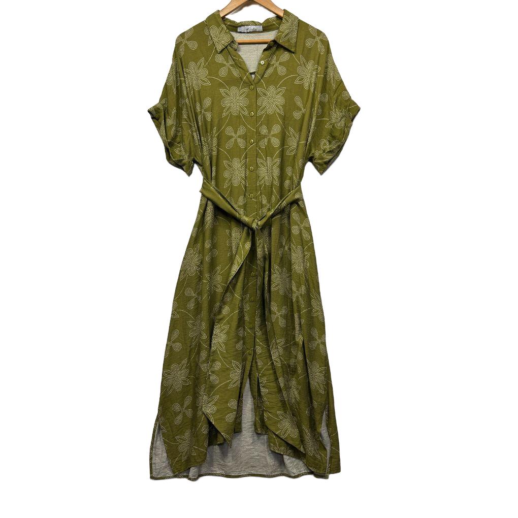 Olive green floral shirt dress front view